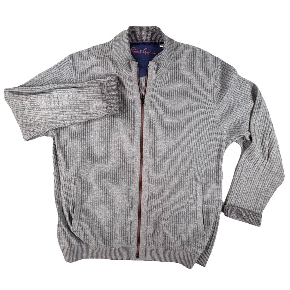 ROBERT GRAHAM Gray Ribbed Full Zip Sweater Men's 2XL Modern Casual Cardigan